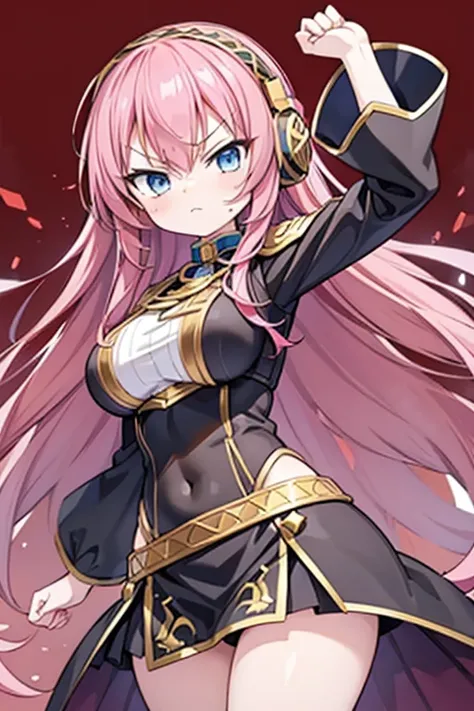 Megurine Luka, Megurine Luka in official costume, Extremely Angry Face, 1girl, pink hair, medium breast, angry, angry face, raised hand, showing a closed fist at the viewer, red shiny background, blue eyes, headphone