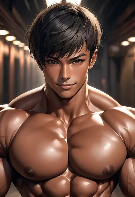 high quality, detailed, Realistic,(solo tanned japanese bodybuilder boy),(detailed black eyes), (black short hair), (muscle), (tanned dark brown skin),(black tiny thong), (bulge), (detailed nipples), detailed areola,best quality,looking at viewer,(face clo...