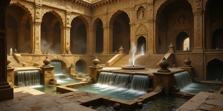 Envision an enormous, ancient South Indian bathhouse nestled within a grand palace. The architecture is inspired by the intricate beauty of traditional Indian stepwells, with a multi-layered design that seems to descend into the earth. Carved stone walls a...