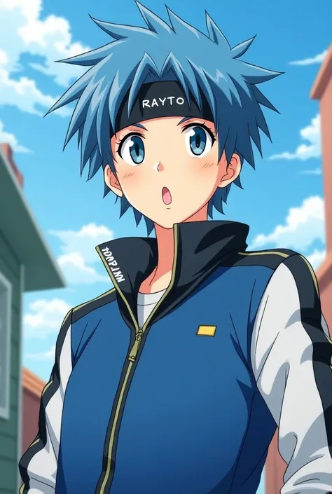 Young man of 20 ,  his name is Rayto Sekine and he wears a black band on his forehead.  His hair is straight, short and blue in color., light skin.  The dress is in a jacket with black stripes , blue and white. Anime version in the style of Ranma 1 /2