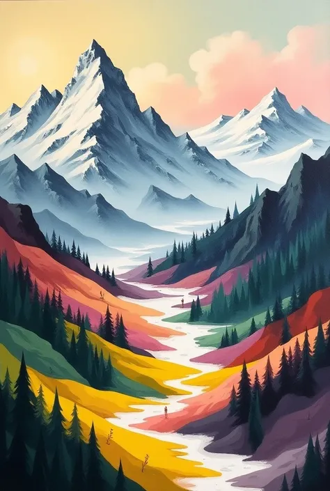 Create a picturesque mountain landscape in the Roerich style with an emphasis on graphic forms and bright color transitions.  In the foreground are snowy mountains of ,  each vertex is unique ,  fields with contrasting shadows ,  creating patterns on the s...