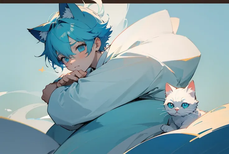 A young anime-style boy with light blue hair and cat-like ears holding two white kittens. The background is plain and light blue Make a sad face the background is the sea.