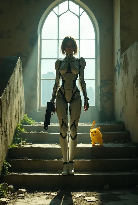 A haunting, post-apocalyptic scene featuring a tall, slender woman with short hair, dressed in a futuristic white combat suit with robotic elements. She stands on a worn stone staircase in an old, decaying building. Sunlight streams in from a large arched ...