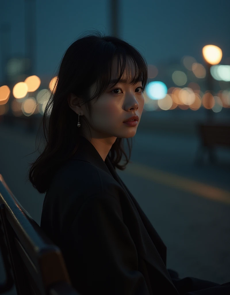 Han So-hee sitting on a park bench, night lighting, City lights, moonlight, 4K ,   Fujifilm XT3  , 8k, Biggest Accomplishment, Shot with Kodak,  award-winning photo , ( ウルトラフォトrealismでのポストプロダクション:1.5), ( best quality:1.5), Realistic,  Detailed Skin Texture...