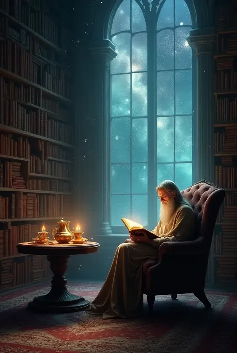 Cosmos world with books and tea
