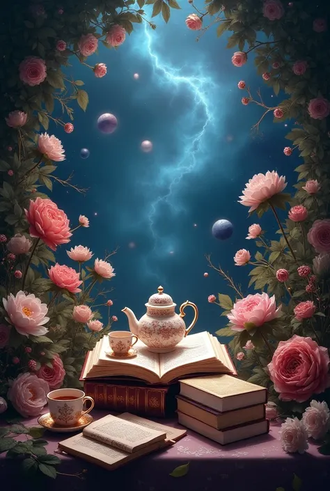 Cosmos world with books and tea without human and tree flower
