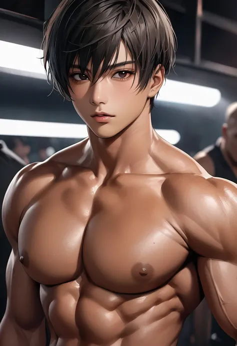 high quality, detailed, Realistic,(tanned tatooed japanese idol boy),(detailed black eyes), (black short hair), (muscle), (tanned dark brown skin),(black tiny thong), (bulge), (detailed nipples), detailed areola,best quality,looking at viewer,(face close u...