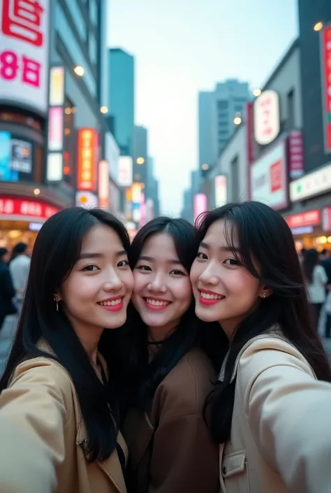 3 Korean girl taking selfie in Seoul  