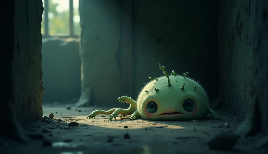 View of sweet monster ,  sits in a shady corner ,  in solitude with floating eyes while part of the face .  in solitude with floating eyes, Draw in animation style but realistic.