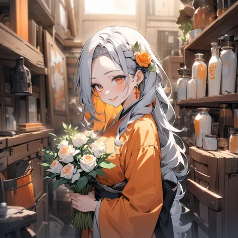 masterpiece:1.3,  full body standing picture depicting an anatomically correct :1.2, NFSW,  ultra-fine, High definition face:1.3,8k,2.5D, old workshop ,  1 girl, solo, 18 years old, cute, Braided bangs,Braided long hair, Silver Hair:1.3, orange inner color...