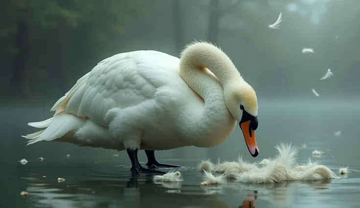 Very Sad swan collecting feathers