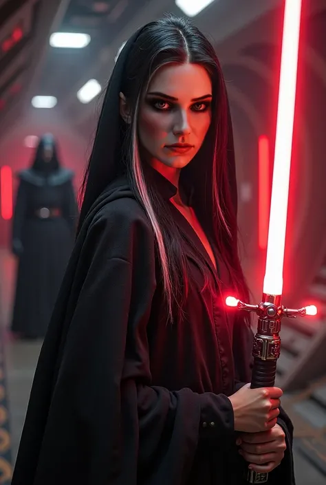 Create a hyper-realistic, highly detailed photograph of a Jedi warrior, shot in the style of photographer Greg Rutkowski. Young beautiful European girl with long black hair. white strand.  purple eyes . Dressed in a black cloak, holding a glowing red sword...