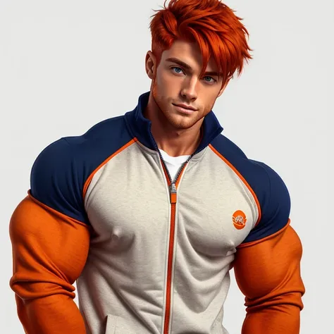 a very handsome young, orange skin, muscular man, red hair, wearing an orange open-zip sweatshirt with a dark blue shirt underneath, on a white background