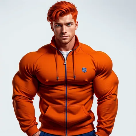 a very handsome young, orange skin, muscular man, red hair, wearing an orange open-zip sweatshirt with a dark blue shirt underneath, on a white background