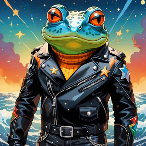 Closeup, anime art style, Portrait of an extremely badass anthropomorphic light blue and white bullfrog wearing an insanely cool black leather biker jacket open, black leather biker gloves, black leather biker pants made of stars, floating in a sea of ​​fa...