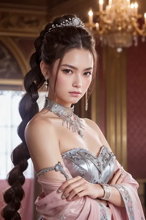 woman, Serious, Warrior, Armor,  elegant,  Pink Dress , Aristocratic, silver element, Long nails, Bare shoulders, Hairstyle,  will raise your hair, Braids and ponytails, Messy, arrogant,  absurd, Detailed dress, Royalty, celebration, Hall decorated with fl...