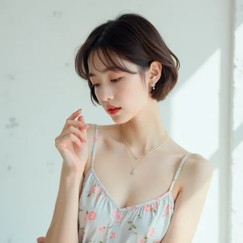 White concrete background、(8k、RAW Photos、 best quality、masterpiece:1.2)、High-quality RAW color photos、Professional photos、(Realistic、フォトRealistic:1.37)、Photographed in natural light、1 person,necklace、 pastel colored camisole、(Beautiful  profile :1.3)、 prof...