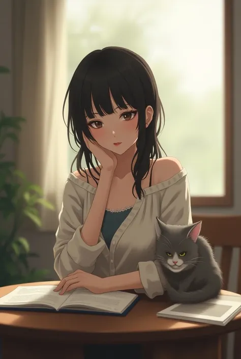 Woman sitting at a table with her cat on her side, Character portraits inspired by Morikage Kusumi, Pixiv, What is it?？, umineko, Nico Robin, Maya Faye from Ace Attorney,  inspired by animated visuals, makoto shinka, Kasori Misato, Misaki Yuri, rumiko, In ...