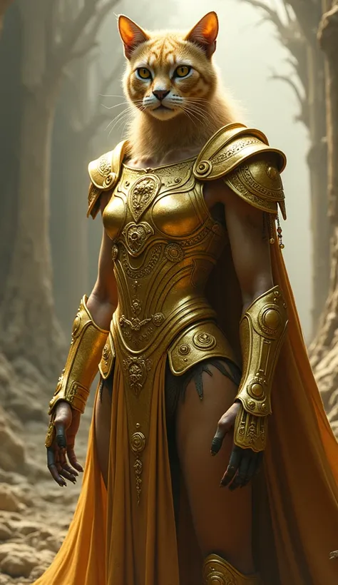 A half-human, half-cat being dressed in golden armor