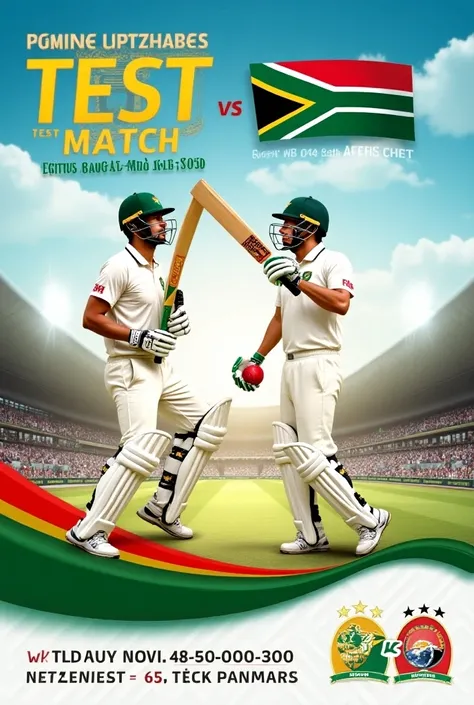 Here is a detailed prompt for a match day poster for a Test match between Bangladesh and South Africa:

**Image Prompt:**

Design a vibrant and dynamic match day poster for the Test cricket match between Bangladesh and South Africa. The poster should featu...