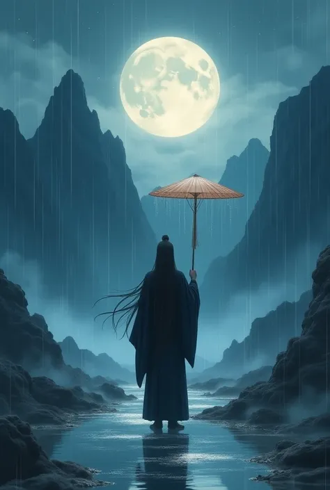 Mountains and night background, floating full moon, rain falling, man standing with traditional umbrella in the middle, long black hair, black robe, puddles underfoot, master-piece