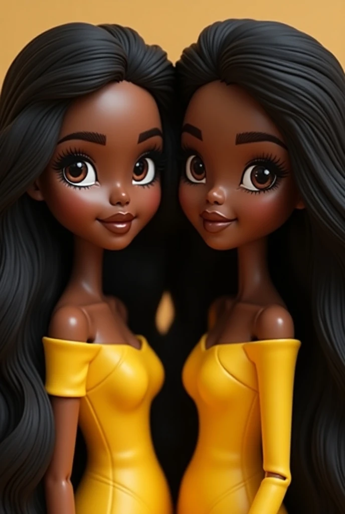 two dolls of a woman with long hair and a yellow top, digital art inspired by Thomas Blackshear, instagram, digital art, beautiful gemini twins portrait, beautiful gemini twins, dark-skinned, with brown skin, brown skinned, brown skin, dark skinned, dark s...