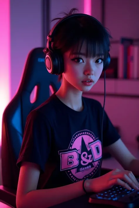 a designer coringa gamer playing on a ps5 in their bedroom, wearing a pink and black b&d games t-shirt, detailed face, beautiful detailed eyes, beautiful detailed lips, extremely detailed eyes and face, long eyelashes, portrait, 8k, photorealistic, cinemat...