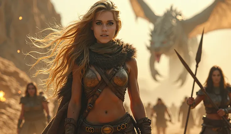 1girl, futuristic barbarian woman, blond hair, vintage, paramount.com stills archive, photograph, extremely detailed, 8k, professional, photorealistic, intricate details, toned physique, long flowing hair, tribal markings, leather armor, fur cape, spear we...