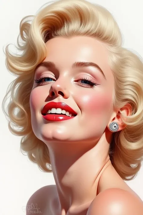 Close up of Marilyn Monroe looking up at the camera and smiling softly 、 The details of her face drawn with transparent watercolor brush strokes and a simple background enhance her eyes