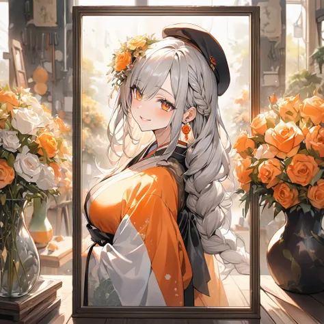 masterpiece:1.3,  full body standing picture depicting an anatomically correct :1.2, NFSW,  ultra-fine, High definition face:1.3,8k,2.5D, old workshop ,  1 girl, solo, 18 years old, cute, Braided bangs,Braided long hair, Silver Hair:1.3, orange inner color...