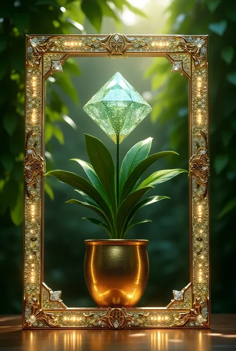 A 3D render of an illustration frame wrapped around a diamond plant with the middle name KRIST & MAVIS. The frame is luxurious, with diamonds finishing and very luxurious designs. The plant is placed in a golden pot. The background is a leafy green.