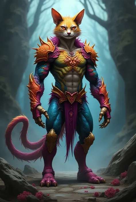 A half-human, half-cat being dressed in rainbow armor, scorpion tail, hooves