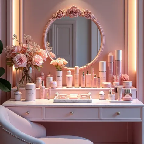 A stylish pink-and-grey vanity with a rose-framed mirror, blush brushes, frosted perfume bottles, smoky eyeshadow palettes, silver compacts, velvety sponges, pastel lipsticks, translucent powders, satin ribbons, misty body sprays, pearl creams, marble orga...