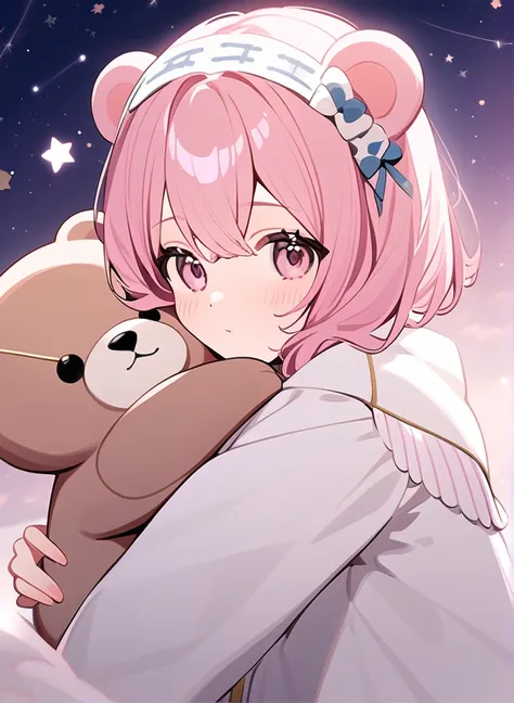 A girl with pink hair and a bear headband is dressed in a cute outfit and hugs five bears. The background is soft pink and white. The eyes are pink. Looking at the stars