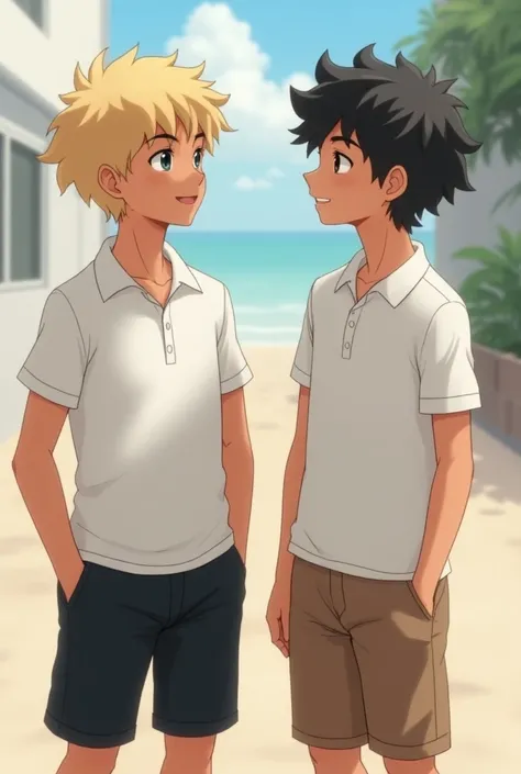 two boy wearing a polo shirt white short black and the other boy is wearing polo shirt White and brown short and one blond and black hair teenager white boys
