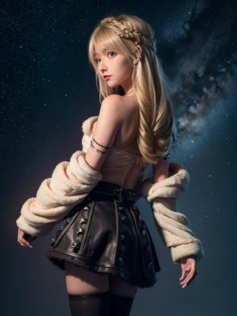 Astrid,  thin body,  small bust ,  bare shoulders , mini skirt, black stockings, starry sky, night