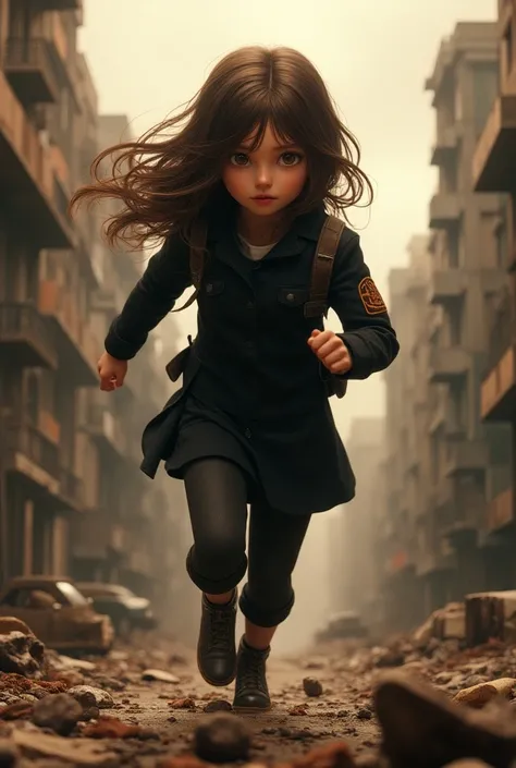 Create an image of a girl with long brown hair and honey-colored eyes in a black uniform running through a post-apocalyptic dystopian world 