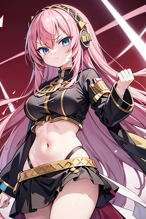 Megurine Luka, Megurine Luka in official costume, Extremely Angry Face, 1girl, pink hair, medium breast, angry, angry face, showing a closed fist at the viewer, closed fist red shiny background, blue eyes, headphone