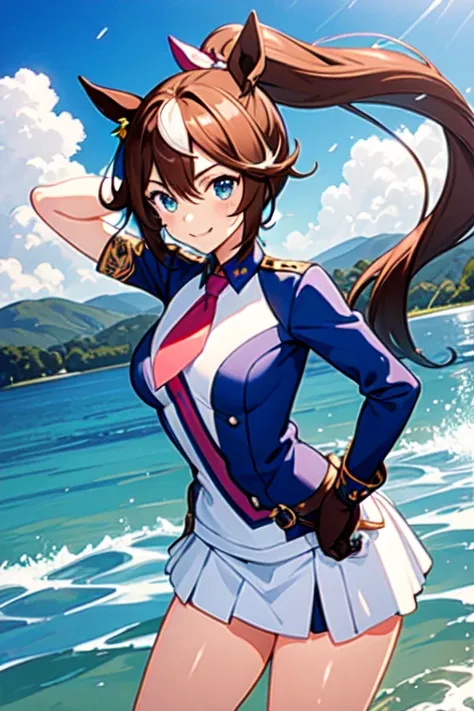 Tokai Teio,smile,high ponytail,fake animal tails,girl,nsfw,masterpieceHighly detailed backgrounds,best quality,smug,Near the sea,rash guard