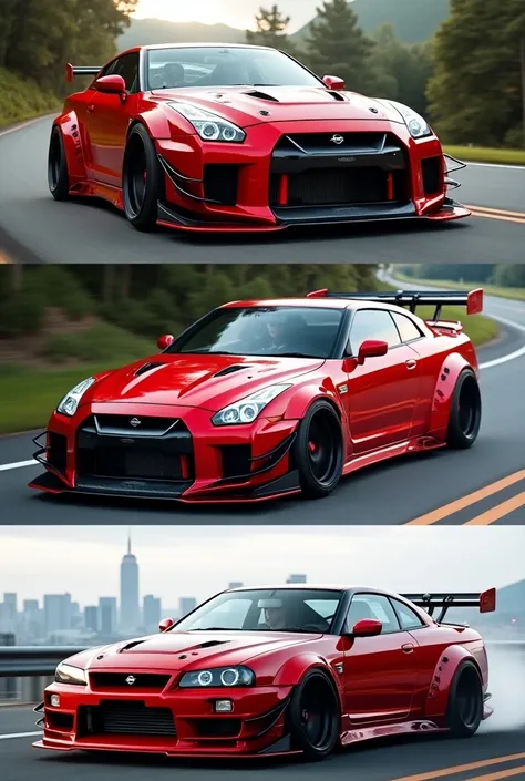  A Nissan Skyline in the color red , The car must be modified ,  must be in four different positions 