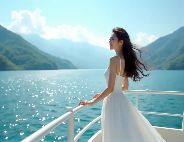 [2]=Dianchi Lake is vast，Sparkling lake。A white cruise ship is moving slowly on the lake，A woman in a white dress stands on the bow，Her long hair flutters，Handrail ，Looking into the distance。The mountains in the distance，Connected to the blue sky。
[3]=Near...