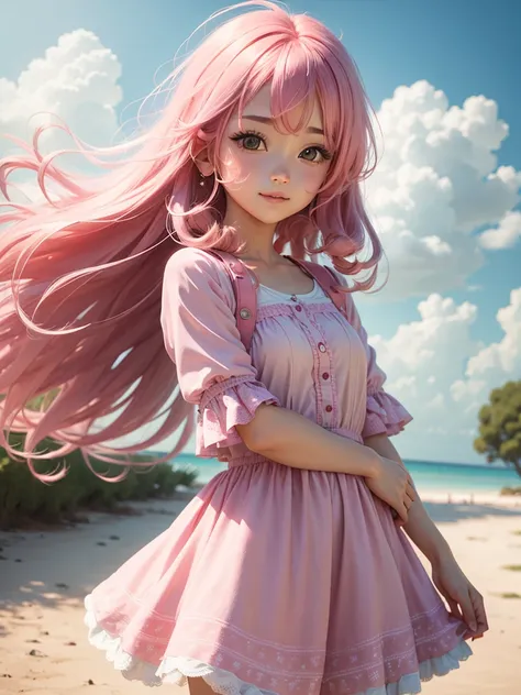 cute 、Best Quality, masterpiece,  hair blown in the wind , Sparkling Eyes, , Pink clothes,  Pink Hair