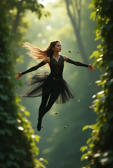  Girl Elf, flying, bee, forest, bee clothes, 25 yers old, dark clothes, 19:6 size