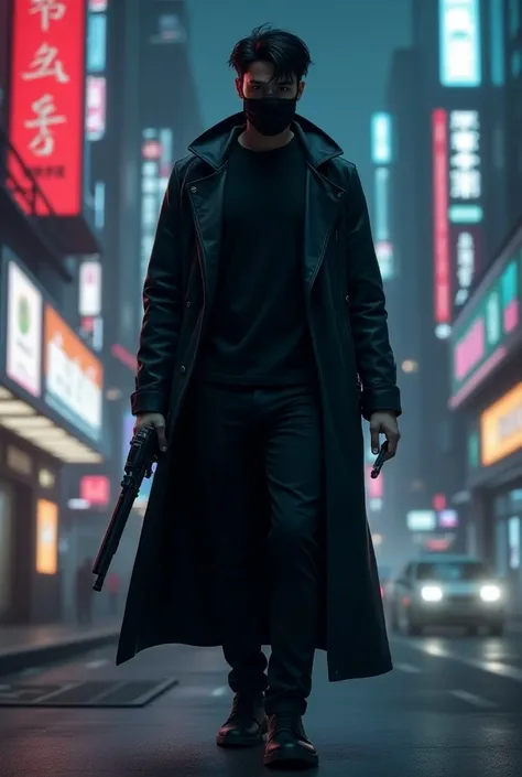 A man wearing black colour t-shirt black, colour pant, black colour staylesh jocket, and black colour shoes, hair style like money hiest. Cyberpunk neon city. Wearing krrish mask. Holding gun in behind the jocket