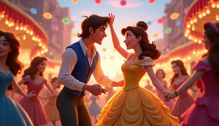 Belle and sweet minnoous being hand in hand ,  while happily dancing or enjoying the festival with laughter.  Joyful music and colorful lights in the background , Draw in animation style but realistic.