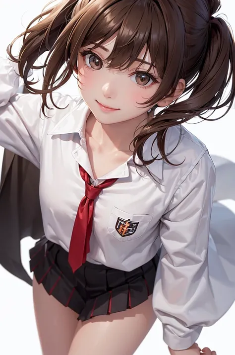 (plain white background, no patterns, no textures, just a plain white background:1.3),beautiful girl,(Shiny brown hair:1.3),(long hair:1.2) messy hair, beautiful brown eyes,autumn,school uniform,jacket,miniskirt,black tights,(zettairyoiki)Gentle look,A ref...