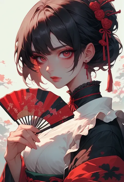 "With her short black hair and beautiful eyes, she dons a traditional Japanese Gothic Lolita outfit, exuding a calm and slightly mysterious aura. The outfit combines black and red tones, blending lace and frills with a traditional Japanese kimono style. Sh...