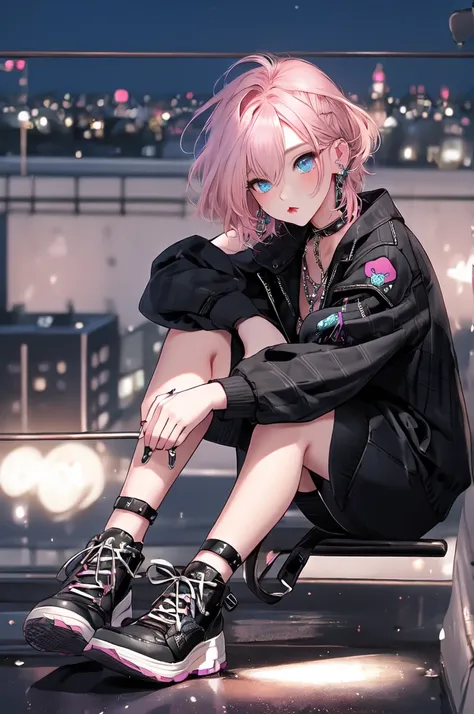 masterpiece, best quality,solo,pink haired short bob , Shiny,   cool girl   ,Heart Earrings,black street fashion,blue eyes,Inside the Ferris wheel at night,