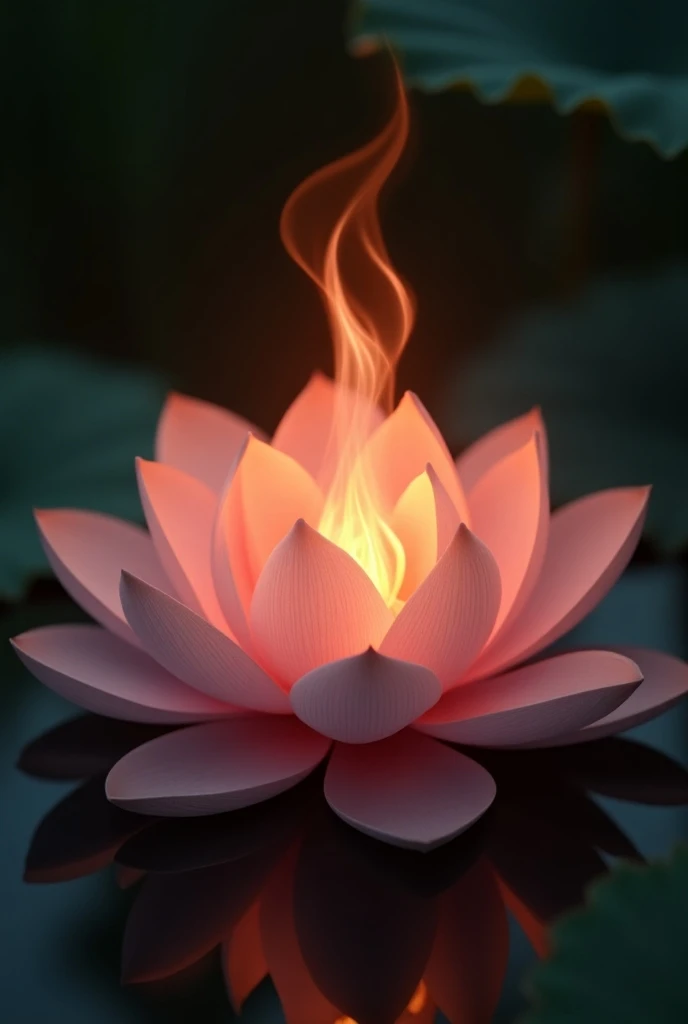  A beautiful lotus flower with soft ,  with slightly curled soft pink petals, in the center of the flower there is a red-orange flame resembling a candle 