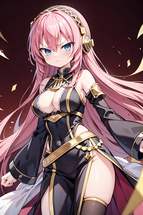 Megurine Luka, Megurine Luka in official costume, Extremely Angry Face, 1girl, pink hair, medium breast, angry, angry face, showing a closed fist at the viewer, closed fist red shiny background, blue eyes, headphone